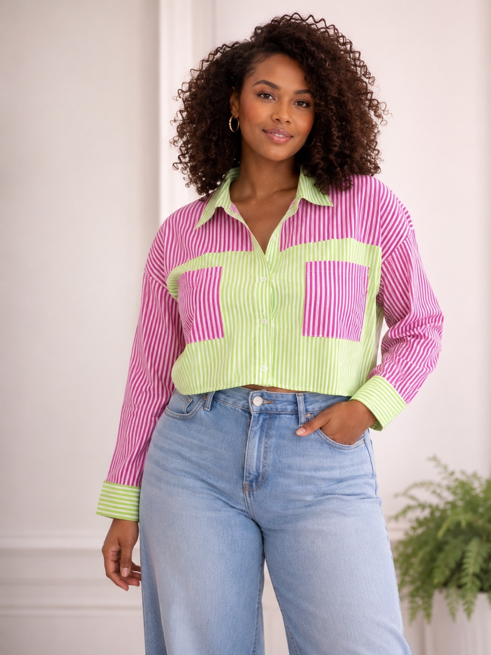 NWT Daisy 3X Pink & Green Striped Button Up Artsy Colorblock Statement Top
